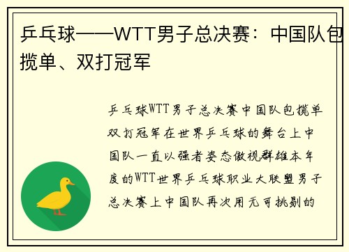 乒乓球——WTT男子总决赛：中国队包揽单、双打冠军